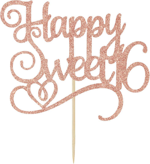 Happy Sweet 16 Cake Topper, 16th Birthday Cake Decor, Sweet 16, Teens Happy 16th Birthday Decorations Rose Gold Glitter...