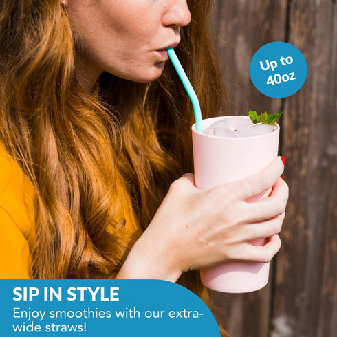 Bent Silicone Straws Reusable (Set of 10) and Cleaning Brush - Flexible, Long, Color Bendy Reusable Straws for 20oz-32oz Tumblers & 30oz Smoothie ...