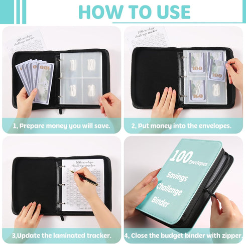 100 Envelopes Money Saving Challenge Binder with Laminated Tracker, Money Saving Challenge Budget Binder with Cash Envelopes, Savings Challenge Bo...
