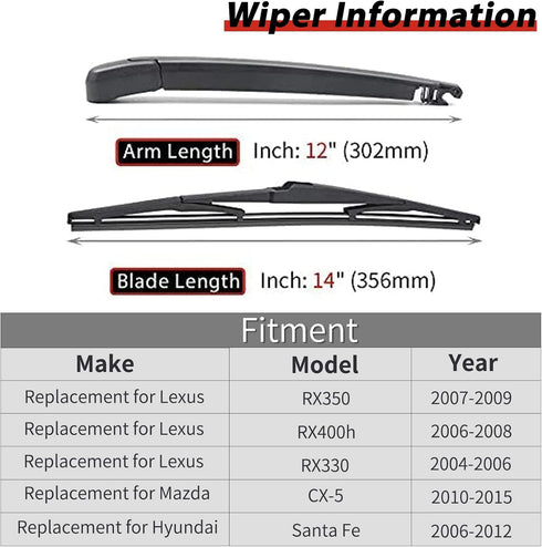 Replacement for 2004-2009 Lexus RX350 RX330 RX400h, Rear Windshield Back Wiper Arm blade Set - OTUAYAUTO Factory OEM Replacement 8524148050...