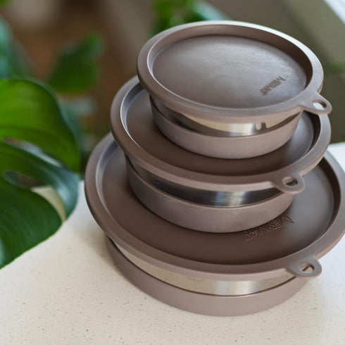 Messy Mutts Stainless Steel Heavy Gauge Bowl with Non-Slip Removable Silicone Base | Durable Indoor/Outdoor Dog Bowl | Warm Grey | Medium, 2.5 Cup...
