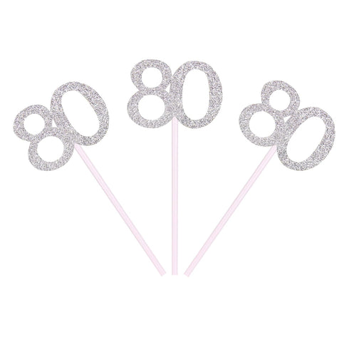 Newqueen Numbers 80 Cupcake Toppers Silver Glitter 80th Birthday Cupcake Picks Anniversary Party Cake Decorations Supplies 24 PCS...