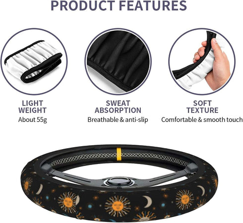Moon and Sun Steering Wheel Cover Universal 15 Inches Non-Slip Neoprene Cute Stars Wrap Car Accessories Protector Case for Women & Men Girls Fit A...