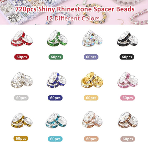 QUEFE 720Pcs Rhinestone Spacer Beads for Jewelry Making, Rondelle Crystal 8mm Bead for Necklaces, Bracelet Pendants (12 Colors)...