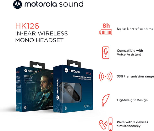 Motorola Sound HK126 Bluetooth Earpiece - in-Ear Wireless Mono Bluetooth Headset with 8-Hour Talk Time, Voice Assistant Compatible, Connects to 2 ...
