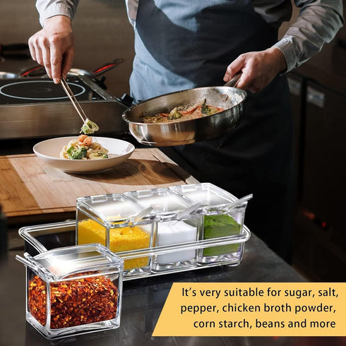 4-Cell Clear Seasoning Rack Spice Box, Storage Container Condiment Jars Acrylic Seasoning Box with Cover and Spoon (Basic Clear)...
