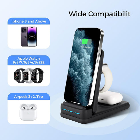 Foldable 3 in 1 Wireless Charging Station for Multiple Devices Apple,Wireless Charger for Travel,Wireless Charging Stand Compatible with iPhone 15...