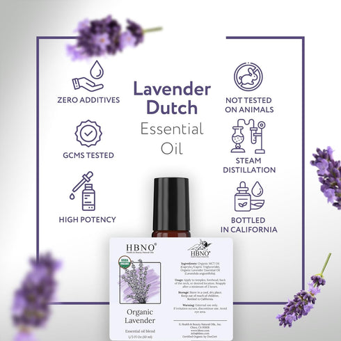 HBNO Organic Lavender Essential Oil Roll-On - 1/3 oz (10 ml) Travel Size - USDA Certified Organic Lavender and MCT Oils - Perfect for traveling, A...