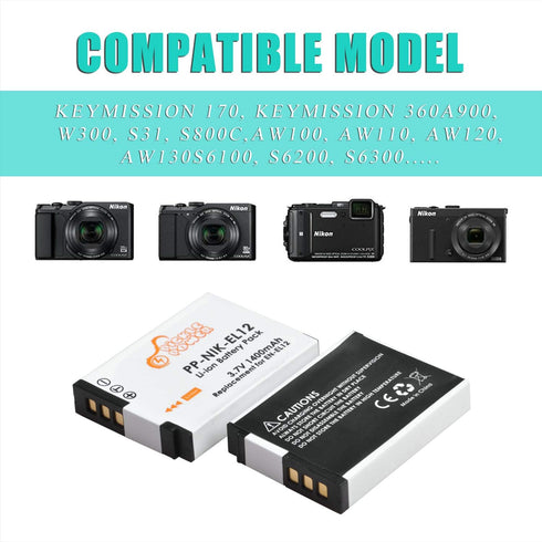 EN-EL12 Battery and LED Charger Compatible with Nikon Coolpix A1000 B600 W300 A900 AW100 AW110 AW120 AW130 S6300 S8100 S8200 S9050 S9200 S9300 S94...
