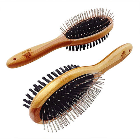 Double Sided Dog Brush - for Long or Short Haired Dogs and Cats Natural Bamboo Eco Friendly Pet Grooming Dual Sided Pin and Bristles for Desheddin...