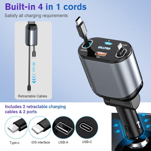 OHLPRO Retractable Car Charger 4 in1, 80W Fast Charge Car Charger Adapter with Retractable Cable Type-C & Lightning and 2 Charge Port USB C/USB A ...