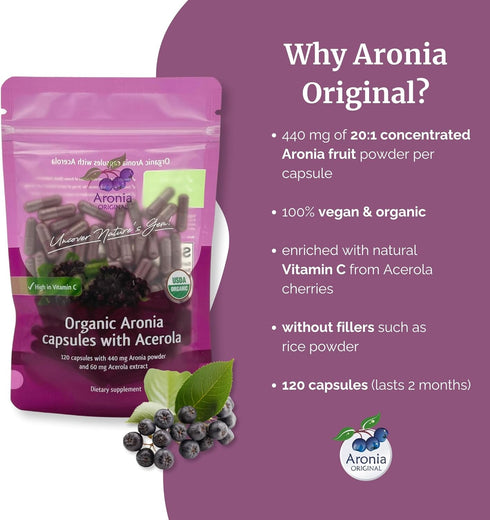 Aronia Original Organic Aronia Berry Capsules (120 Count) | 440 mg of 20:1 Aronia Powder & 60 mg Acerola Cherry Extract per Capsule | High in Vita...