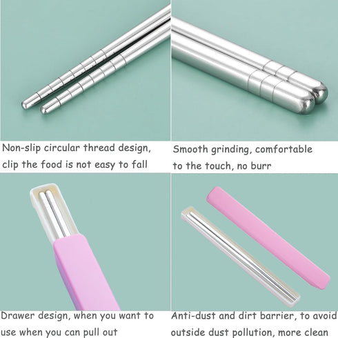 Metal Chopsticks 1 Pair Reusable Chopsticks Stainless Steel Chopsticks with Pull Design Case Portable Utensil for School Home Office Camp Travel B...