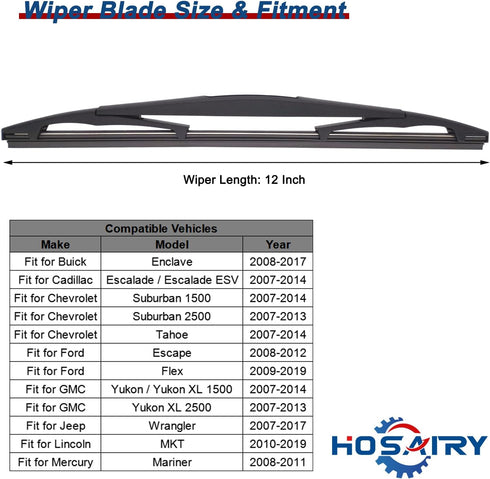 Rear Windshield Wiper Blade for Jeep Wrangler 2007-2017, for Buick Enclave 2008-2017 Escalade/Escalade ESV 2007-2014, for Chevy Suburban 1500 2500...