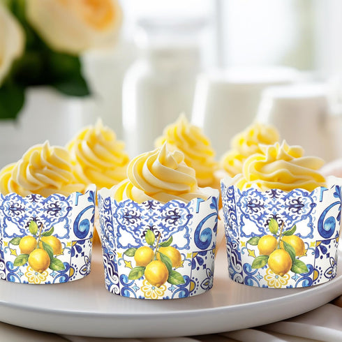 100Pcs Blue Tile Lemon Paper Baking Cups Yellow Blue Lemon Cupcake Wrappers Scalloped Edge Cupcake Muffin Cases for Summer Lemon Party Supplies...