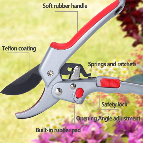 Pruning shears, work 3 times easier, MUSTKING garden clippers (Adjustable - Upgraded version - Red)...