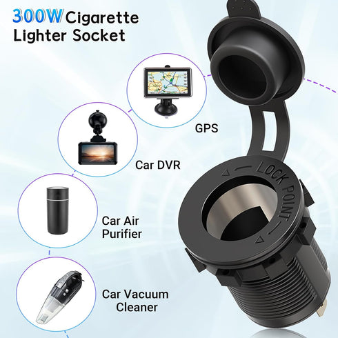 Cigarette Lighter Socket Qidoe 12V Splitter Panel 78W 12V USB Outlet Dual USB C PD&QC3.0 Car Charger Socket ON/Off Switch Waterproof 300W Power Ci...
