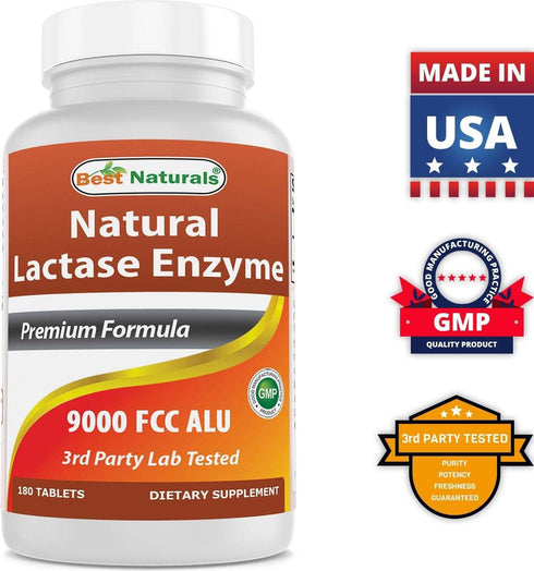 Best Naturals Lactose Intolerance Relief Tablets with Natural Lactase Enzyme, Fast Acting High Potency Lactase, 9000 FCC ALU, 180 Count...