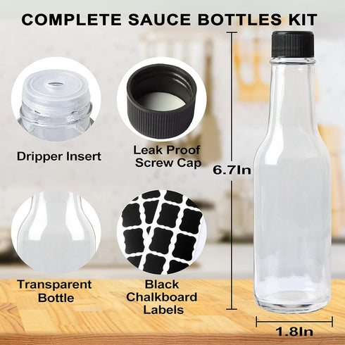30 Pack Hot Sauce Bottles, 5oz Clear Woozy Bottles with Leak Proof Black Screw Caps and Snap On Dripper Inserts, Empty Beverage Bottles with Label...