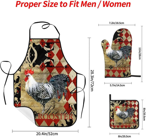 Rooster Print Oven Mitts and Pot Holders Sets with Apron 5Pcs Heat Resistant Rooster Kitchen Mitten Gloves and Non-Slip Potholders Apron Sets Oven...