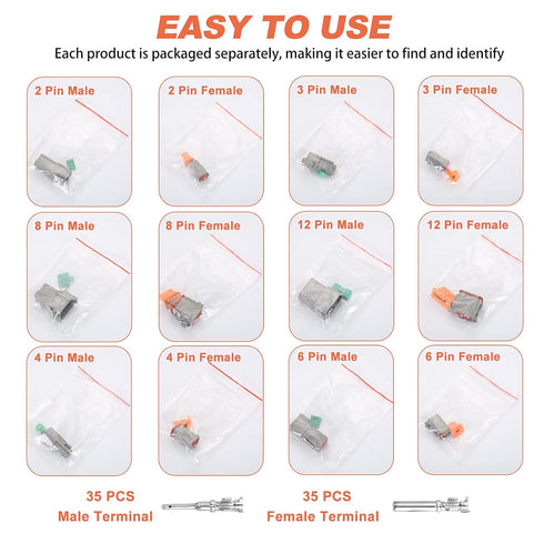 Deutsch DT Connector Kit in 2,3,4,6,8,12 Pin Configurations, Size 16 Stamped Contacts, Sealed Automotive Electrical Connectors, with 35 Pairs Barr...