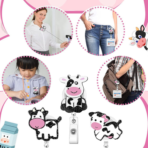 3 Pieces Cow Badge Reel Retractable Badge Reels Cute Name Badge Holder with Swivel Clip Funny Nurse Badge Reel for Office School Worker Doctor Nur...