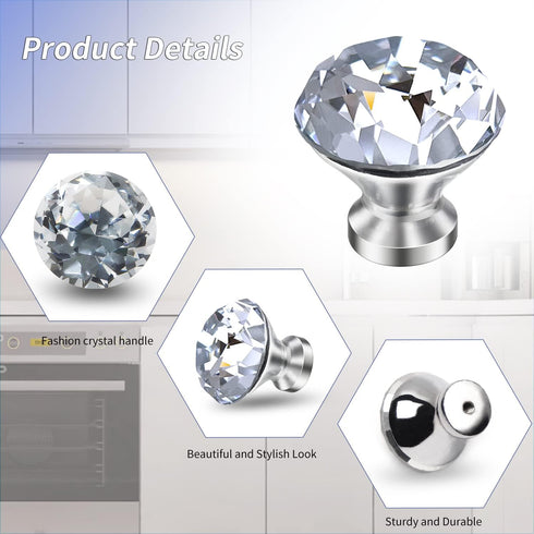MroMax 5Pcs Crystal Glass Dresser Knobs 30mm Diamond Shaped Pull Handles with Silver Zinc Alloy Base for Cupboard Drawer Dresser Kitchen Cabinet B...