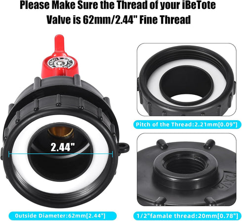 IBC Tote Adapter, for 2.44" Fine Threads to1/2, 275-330 Gallon IBC Tote Tank Adapter,Brass Hose Faucet Valve Tool with Ball Valve for Garden Hose ...