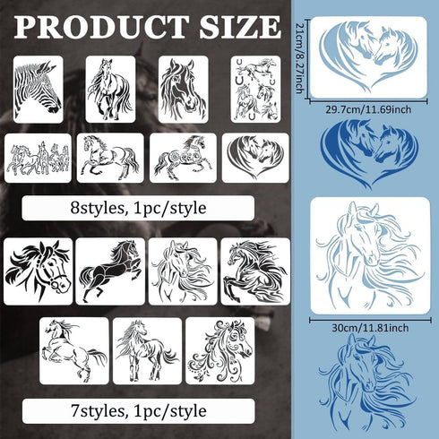 FINGERINSPIRE 15 Pcs Horse Painting Stencil Set 8.3x11.7" 11.8x11.8" Prince Charming Stallion Black Horse Horseshoe Running Horse Zebra Horse Herd...