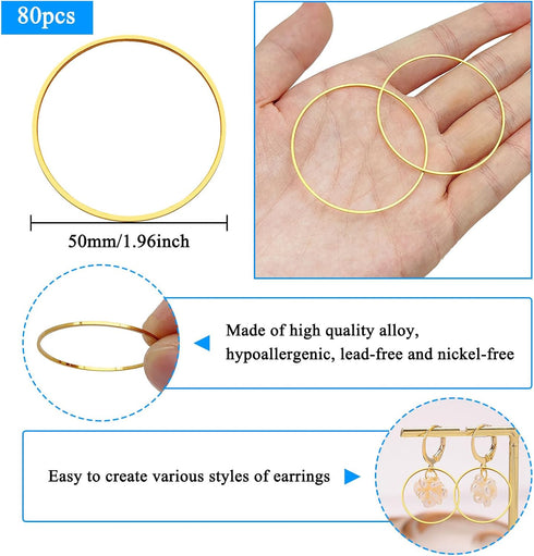80Pcs Earring Hoops for Jewelry Making, 50mm Earrings Beading Hoop Earrings Findings Hypoallergenic Round Circle Hoop Earrings Open Bezel Pendant ...