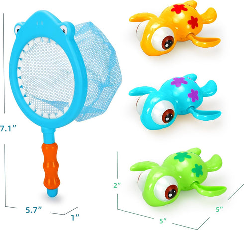Bath Toys Set for Toddlers 1-3 Kids 4-8, 3Pcs Wind Up Swimming Turtle Water Toys with 1Pcs Shark Fishing Net, Floating Wind Up Turtle Bathtub Toys...