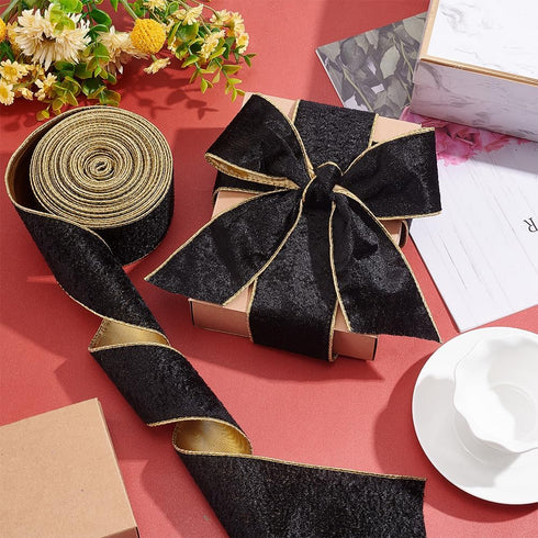 OLYCRAFT 10 Yards Velvet Wired Ribbon 2.5 Inch Black Gold Soft Velvet Ribbon Wired Black Flat Cotton Ribbons with Gold Backing for Gift Wrapping D...