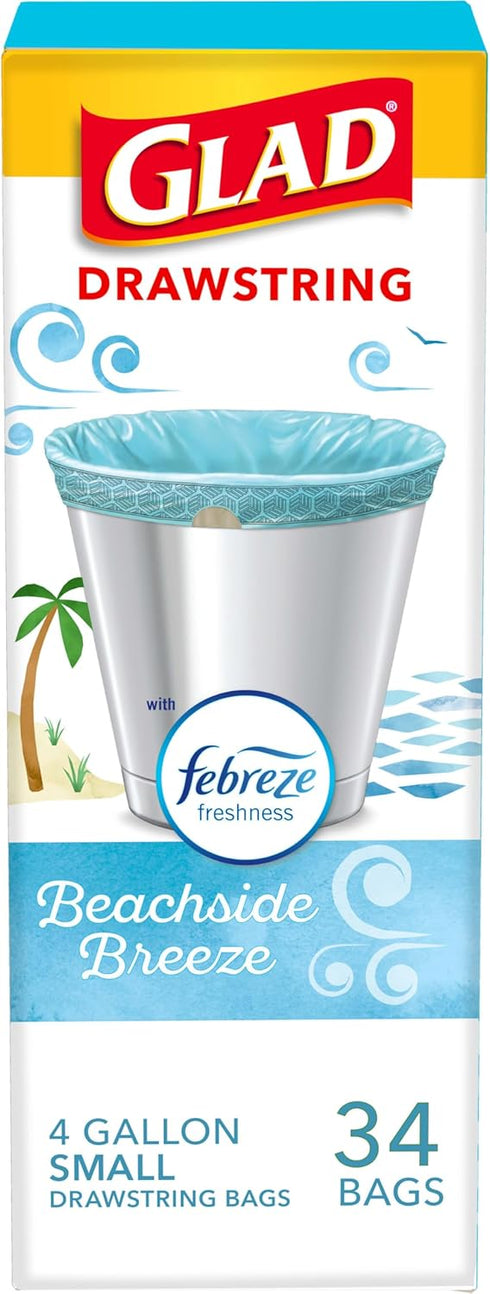 Glad Trash Bags, OdorShield Small Drawstring Garbage Bags - Febreze Beachside Breeze - 4 Gallon - 34 Count...