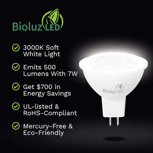 Bioluz LED 6 Pack MR16 LED Bulb 50W Halogen Replacement Non-Dimmable 7w 3000K 12v AC/DC UL Listed Pack of 6...