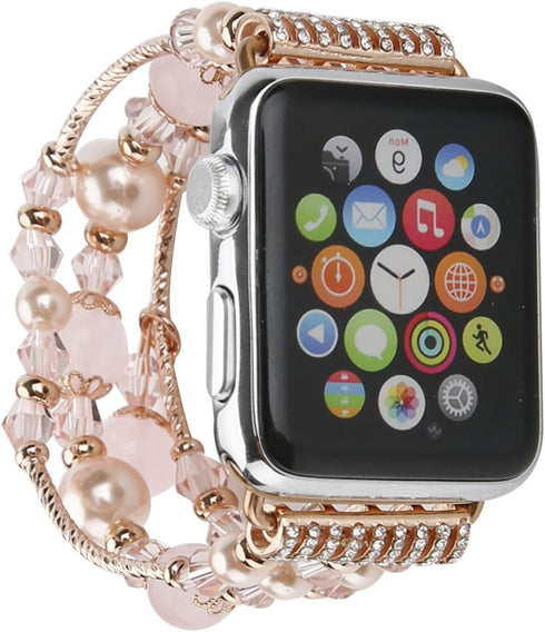 GEMEK Compatible With Apple Watch Band 38/40/41mm Rose Gold Women Pearl Bracelet Strap, Fashion Handmade Elastic Agate Replacement for iWatch Band...