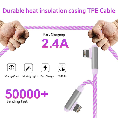 Apple MFi Certified 90 Degree iPhone Charger 6.6ft, LED Light Up Apple Charger Lightning Cable Data Sync Cord LED Light Up Glowing Fast Charging C...