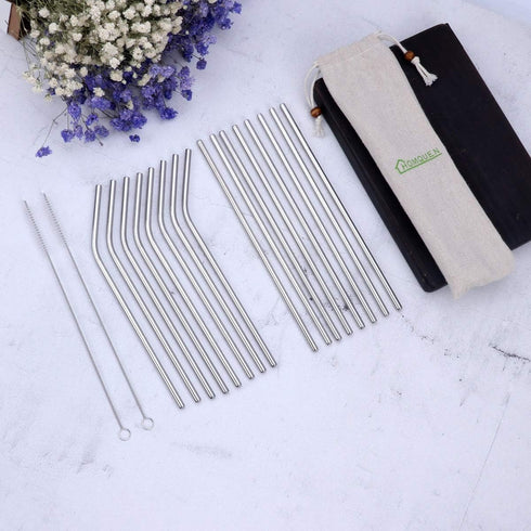 18 Piece Silver Stainless Steel Straws, 8.5 '' Reusable Drinking Straws,with Portable pouch (8 Straight/8 Bent/2 Brushes)...
