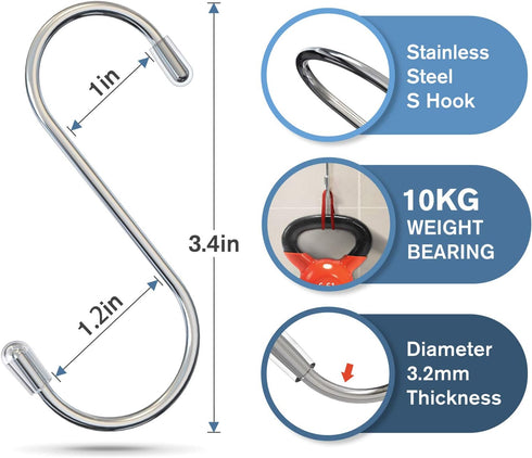 Myfolrena 20 Pack S Hooks for Hanging, 3.4 Inch Metal S Shaped Hook Heavy Duty Hanging Hooks for Pots, Pans, Plants, Bags, Cups, Clothes (Silver)...