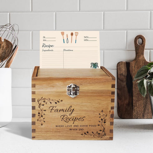 YOJO Handcrafted Recipe Box,Wooden Recipe Box With 50 Double Sided 4x6 Recipe Cards And 6 Dividers,Ideal Gift For Mother's Day,Wedding,Birthday,An...