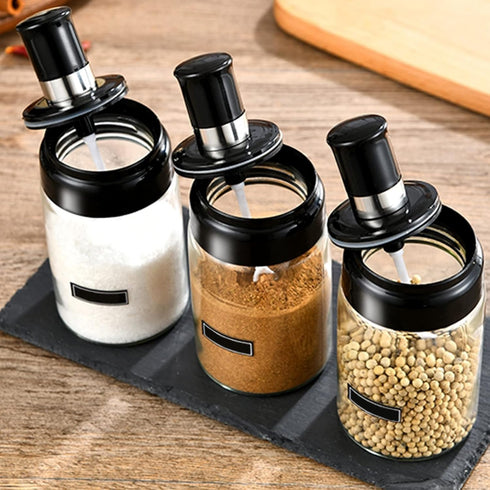 Kitchen Clear glass Spice Jars Seasonning Box Set of 4 with Spoons, Seasoning Containers Bottles with Black Cap,10oz for Home and Kitchen (4)...