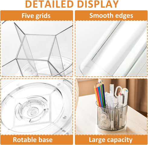 360 Degree Rotating Desk Organizer, Dual-Purpose Pencil Pen Holder for Desk, Rotating Desk Pen Organizer with 5 Compartments, Desk Caddy Pencil Cu...