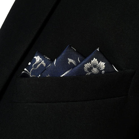S&W SHLAX&WING Floral Pocket Square for Men Dark Blue Silver Unique Design 12.6" Large...