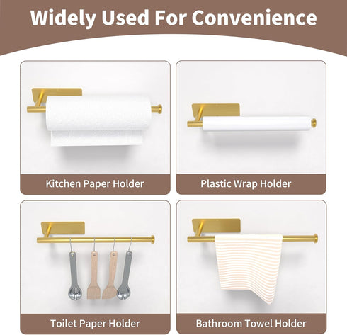 Paper Towel Holder Under Cabinet - Gold Paper Roll Holder Wall Mount, Stainless Steel, Self-Adhesive or Drilling, for Kitchen, Bathroom, RV...