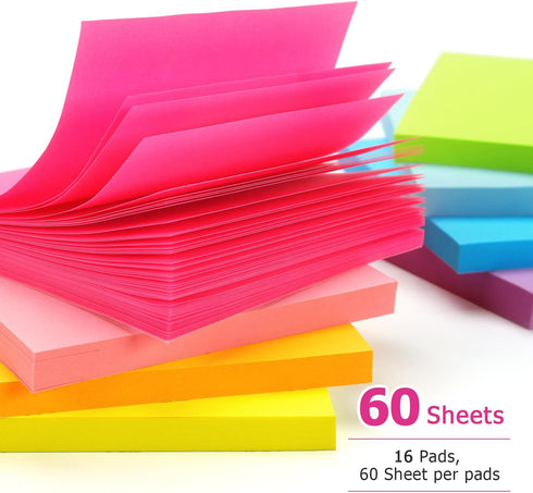 Early Buy 16 Pads Sticky Notes 8 Bright Color Self-Stick Notes 3 in x 3 in, 60 Sheets/Pad...