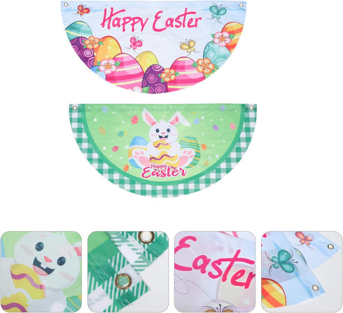 PRETYZOOM 2 Pcs Easter Fan Flags Half Fan Banner Decoration Happy Easter Cartoon Rabbit Eggs Semi-Circular Flags Decorations Bunting for Outdoor F...
