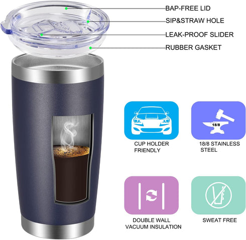 VEGOND 20oz Tumbler with Lid and Straw Stainless Steel Tumbler Cup Vacuum Insulated Double Wall Travel Coffee Mug Powder Coated Coffee Cup(Navy Bl...