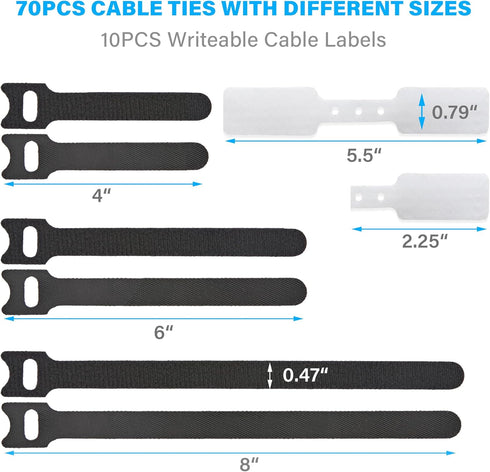70 PCS Reusable Cable Ties with Hook and Loop, Multi-purpose Adjustable Cable Management Wire Ties & 10 PCS Cable Labels, Cord Organizer for Home,...