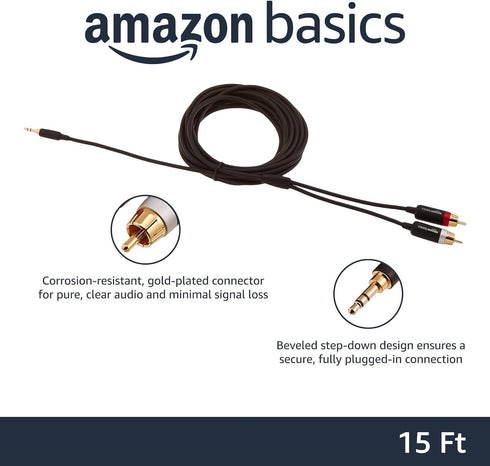 Amazon Basics 3.5 Aux to 2 x RCA Adapters, Audio Cable for Amplifiers, Active Speakers with Gold-Plated Plugs, 15 Feet/4.6 m, Black...
