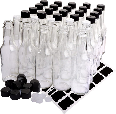 30 Pack Hot Sauce Bottles, 5oz Clear Woozy Bottles with Leak Proof Black Screw Caps and Snap On Dripper Inserts, Empty Beverage Bottles with Label...