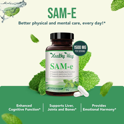 1500mg SAM-e Supplement - High Strength S-Adenosyl-L-Methionine Capsules 1500mg per Serving for Joint Brain Liver and Mood Support - Non-GMO High ...